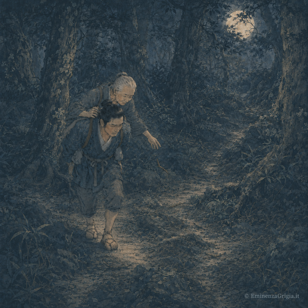 Un contadino porta la madre anziana lungo un sentiero di montagna illuminato dalla luna, mentre lei lascia cadere alcuni ramoscelli.